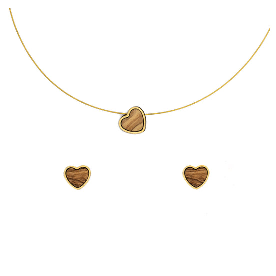 Handmade Olive Wood Heart Necklace & Stud Earrings Set