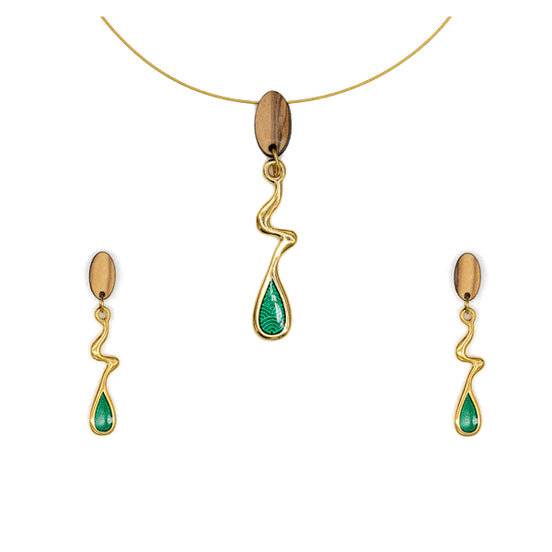Handmade Olive Wood Set – Necklace + Earrings, Green Enamel Finish