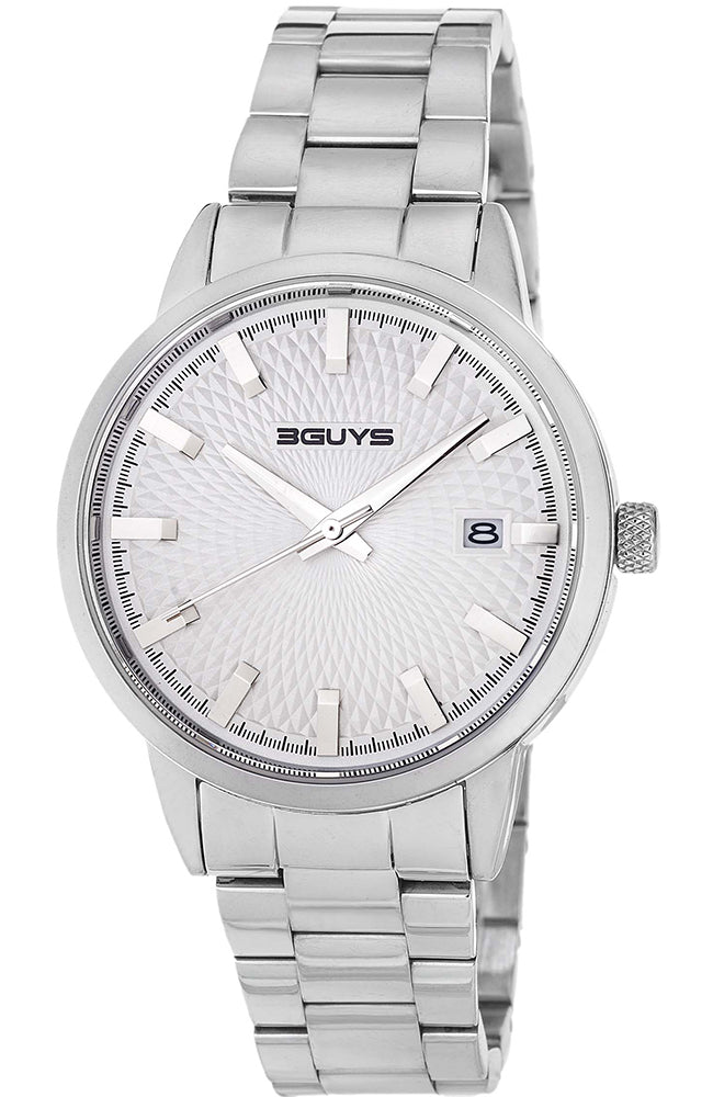 3GUYS Silver Stainless Steel Watch with White Textured Dial