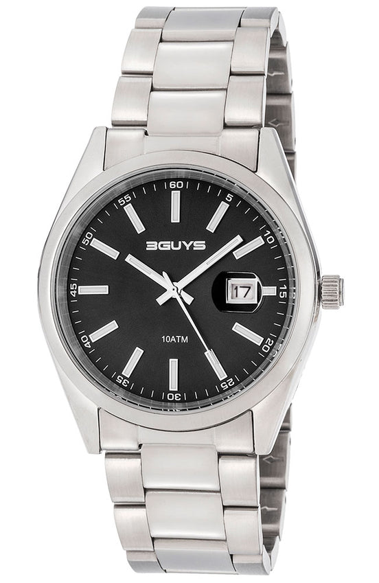 3GUYS Stainless Steel Watch with Black Dial & Date Magnifier