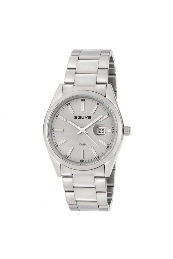 3GUYS Silver Stainless Steel Watch with Date Magnifier