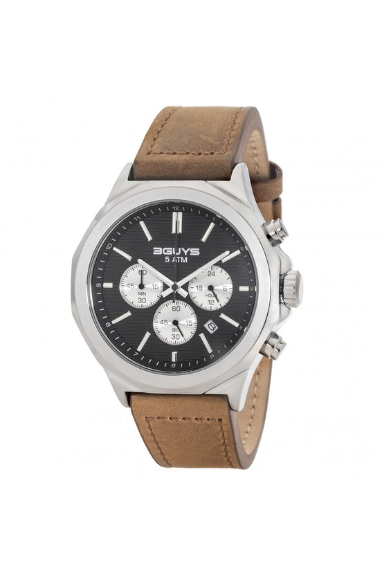 3GUYS Chronograph with Black Dial & Brown Leather Strap