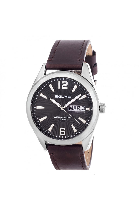 3GUYS Day-Date Watch with Brown Leather Strap