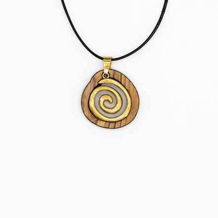 Handmade Cretan Olive Wood Pendant – Spiral Metal Inlay
