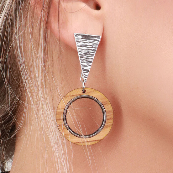 Bold Olive Wood Earrings (Handmade) – Geometric Triangle Detail