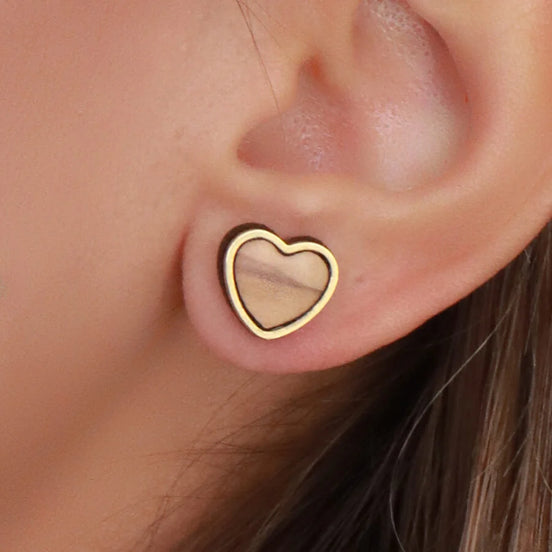 Handmade Olive Wood Heart Necklace & Stud Earrings Set