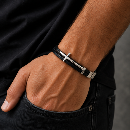 Herrenarmband aus schwarzem Leder mit Kreuzanhänger