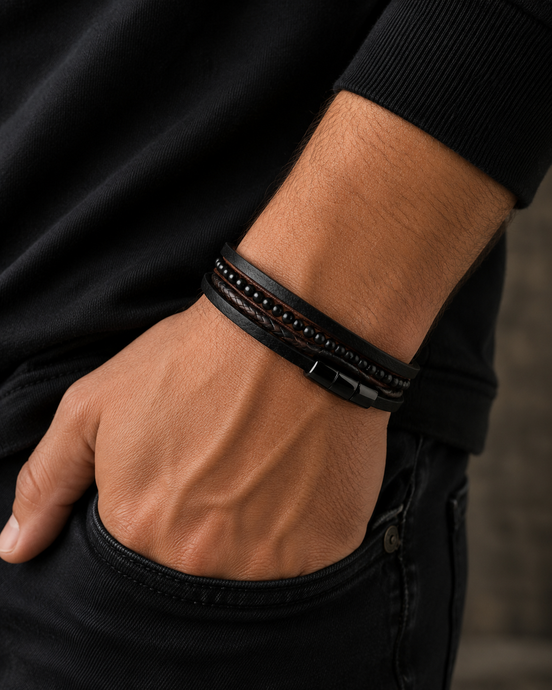 Men's Multi-Layer Black Leather Bracelet