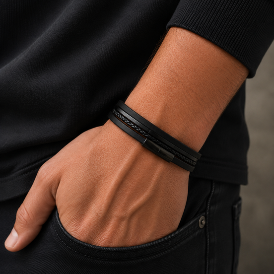 Men's Multi-Layer Black Leather Bracelet