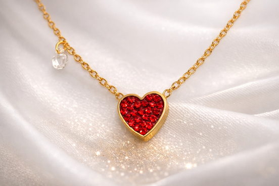 Red Crystal Heart Pendant Necklace Gold Tone Stainless Steel