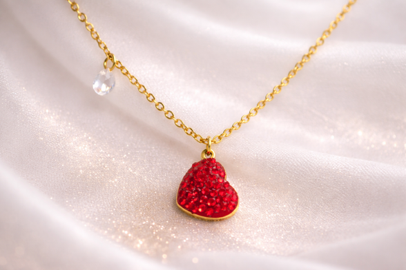 Red Crystal Heart Charm Necklace Gold Tone Stainless Steel