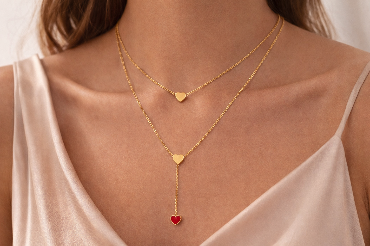 Layered Heart Y Necklace With Red Accent Gold Tone Stainless Steel