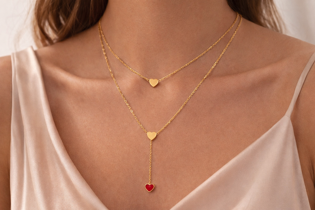 Layered Heart Y Necklace With Red Accent Gold Tone Stainless Steel