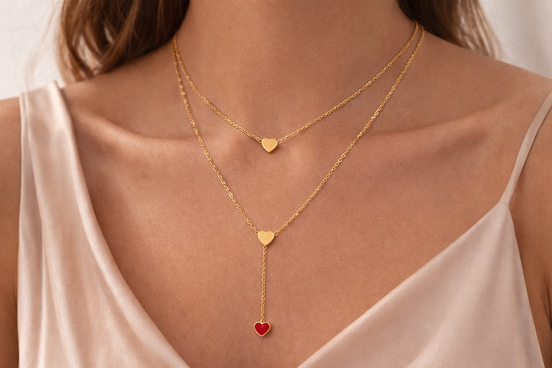 Layered Heart Y Necklace With Red Accent Gold Tone Stainless Steel