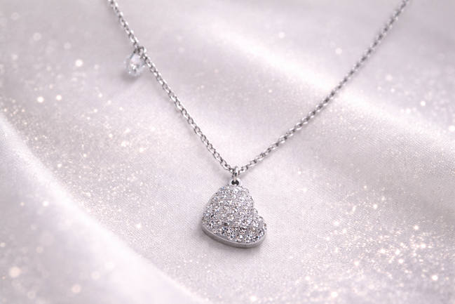 Pavé Crystal Heart Necklace Silver Tone Stainless Steel