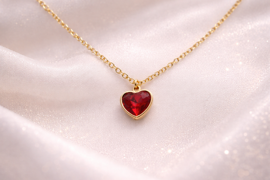 Crimson Glow Heart Necklace Gold Tone Stainless Steel