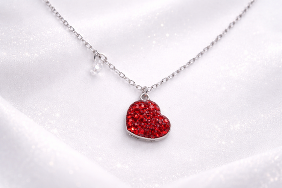 Ruby Spark Pavé Heart Necklace Silver Tone Stainless Steel