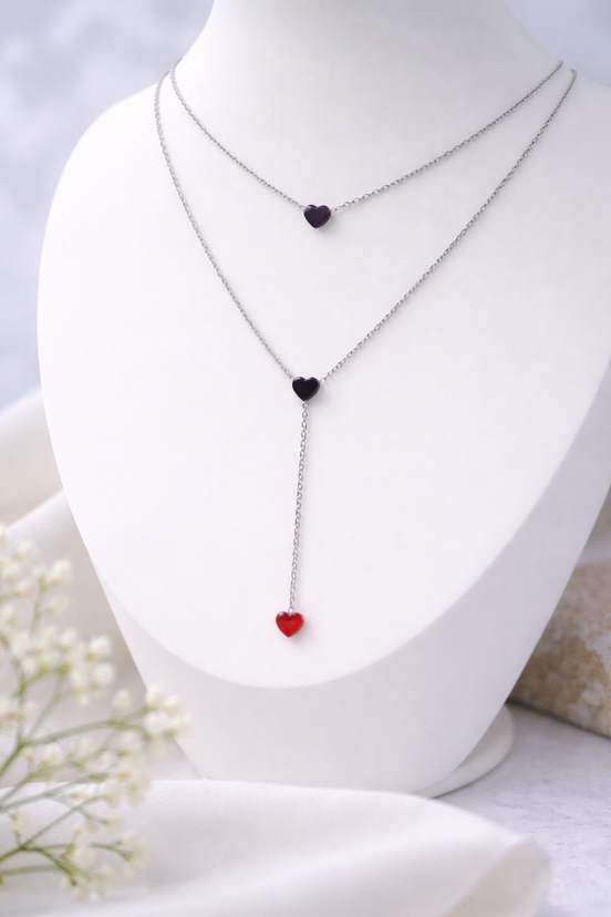 Layered Heart Y Necklace (Silver Tone)