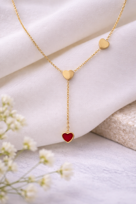 Gold Tone Heart Y Necklace with Red Enamel Heart