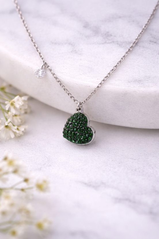 Green Crystal Heart Necklace (Silver Tone)