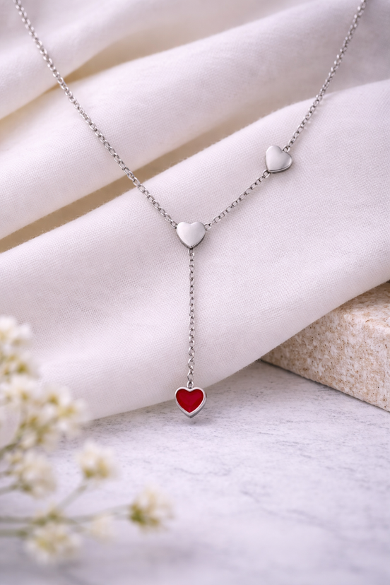 Silver Tone Heart Y Necklace with Red Enamel Heart