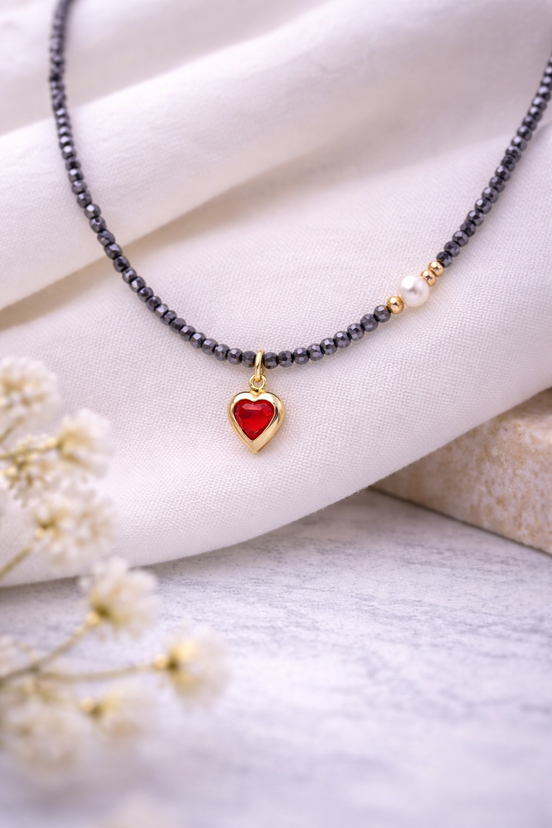 Hematite Beaded Necklace with Red Heart Pendant (Gold Tone)