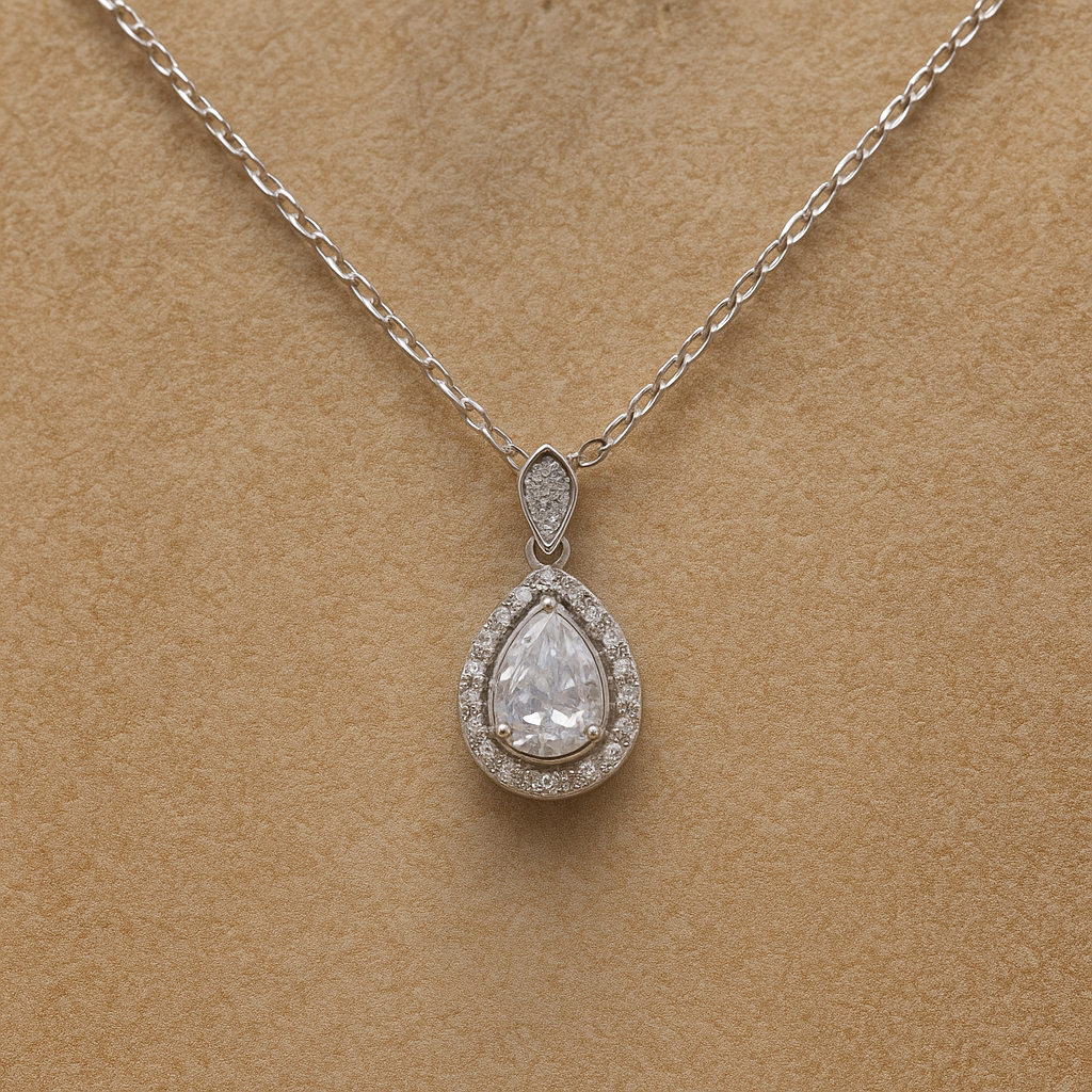 925 Sterling Silver Tear-Drop Necklace with Zircon Stones