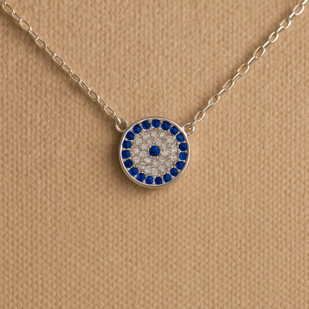 925 Sterling Silver Round Evil Eye Necklace with Blue Stone