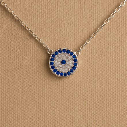 925 Sterling Silver Round Evil Eye Necklace with Blue Stone