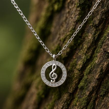 925 Sterling Silver Treble Clef Necklace with Zircon Accents