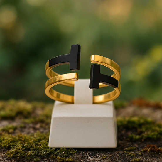 Gold Stainless Steel Ring with Black Geometric Detail