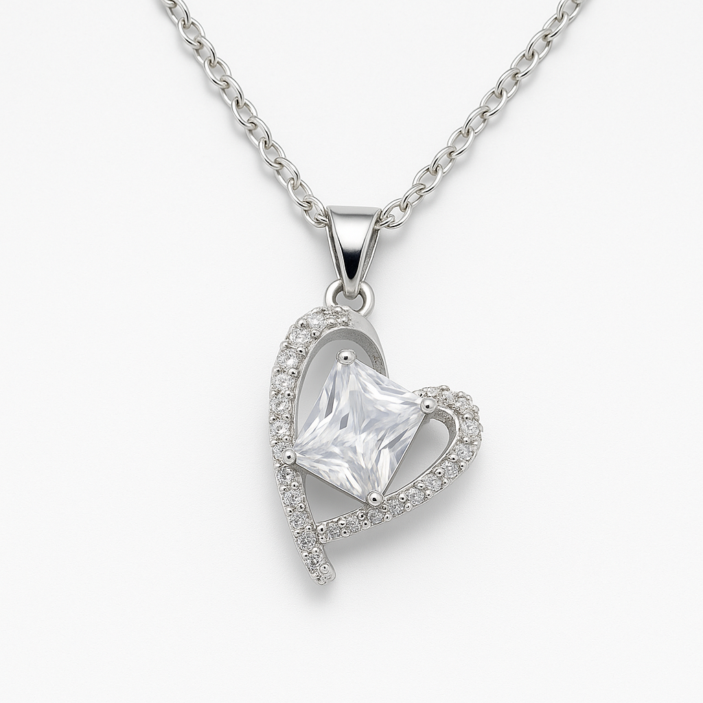 Stainless Steel Heart Necklace with Square-Cut Zircon