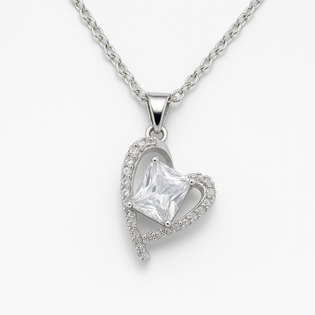 Stainless Steel Heart Necklace with Square-Cut Zircon