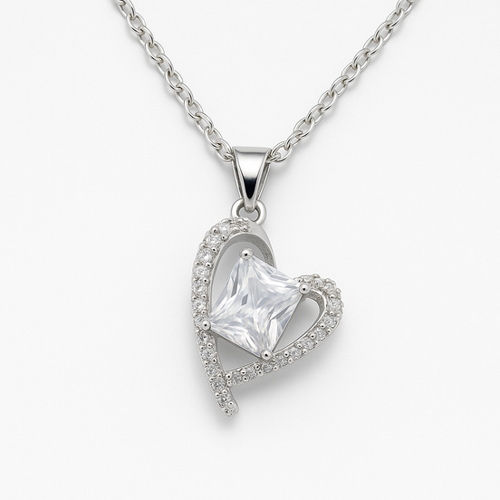 Stainless Steel Heart Necklace with Square-Cut Zircon