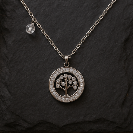 Stainless Steel Tree of Life Necklace with Zircon Stones
