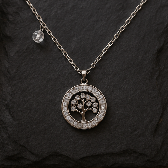Stainless Steel Tree of Life Necklace with Zircon Stones