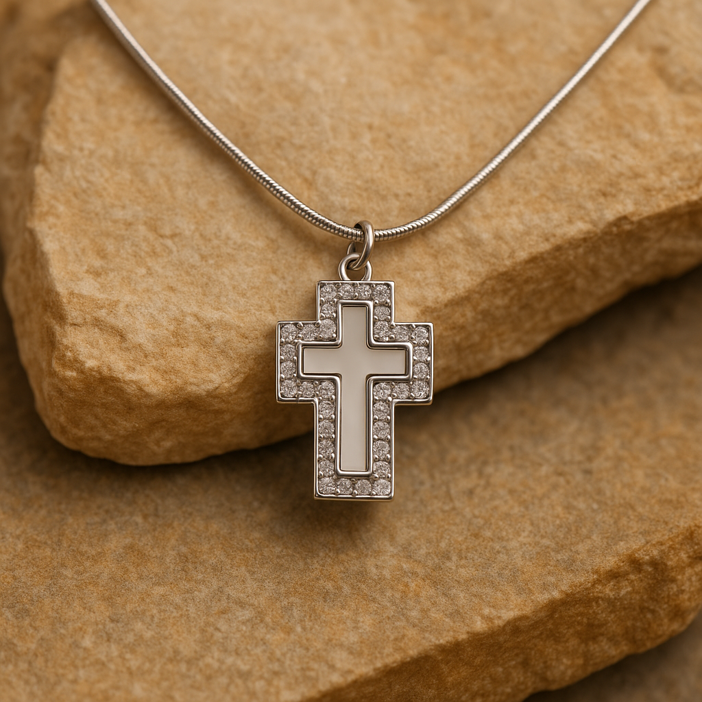 Stainless Steel Cross Necklace with White Enamel & Zircon Stones