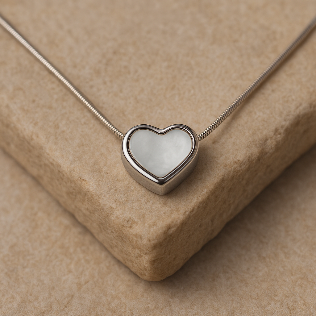 Stainless Steel Heart Necklace with White Mother of Pearl