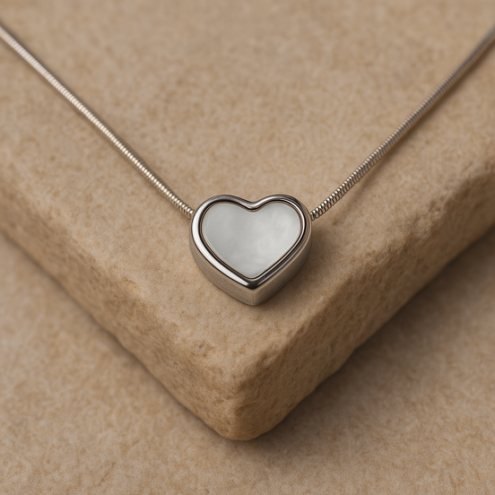 Stainless Steel Heart Necklace with White Mother of Pearl