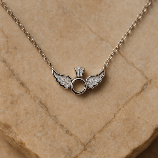 Stainless Steel Angel Wings Necklace with Zircon Stones