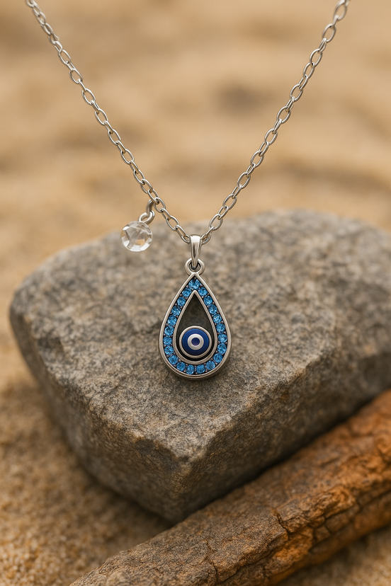 Stainless Steel Tear-Drop Necklace with Evil Eye & Blue Zircon Stones