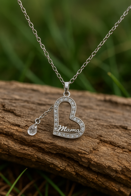 Stainless Steel “Mama” Necklace with Heart & Zircon Stones