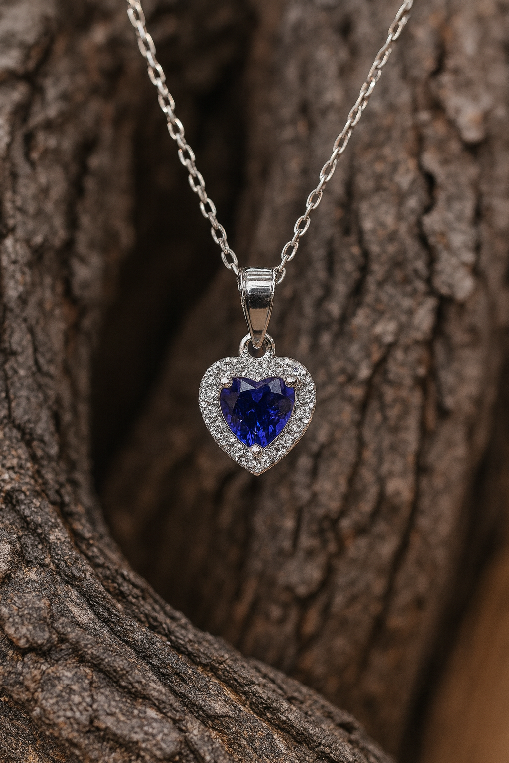 925 Sterling Silver Blue Heart Necklace with Zircon Stones