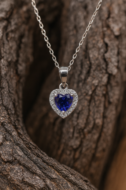 925 Sterling Silver Blue Heart Necklace with Zircon Stones