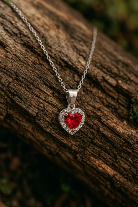 925 Sterling Silver Red Heart Necklace with Zircon Stones