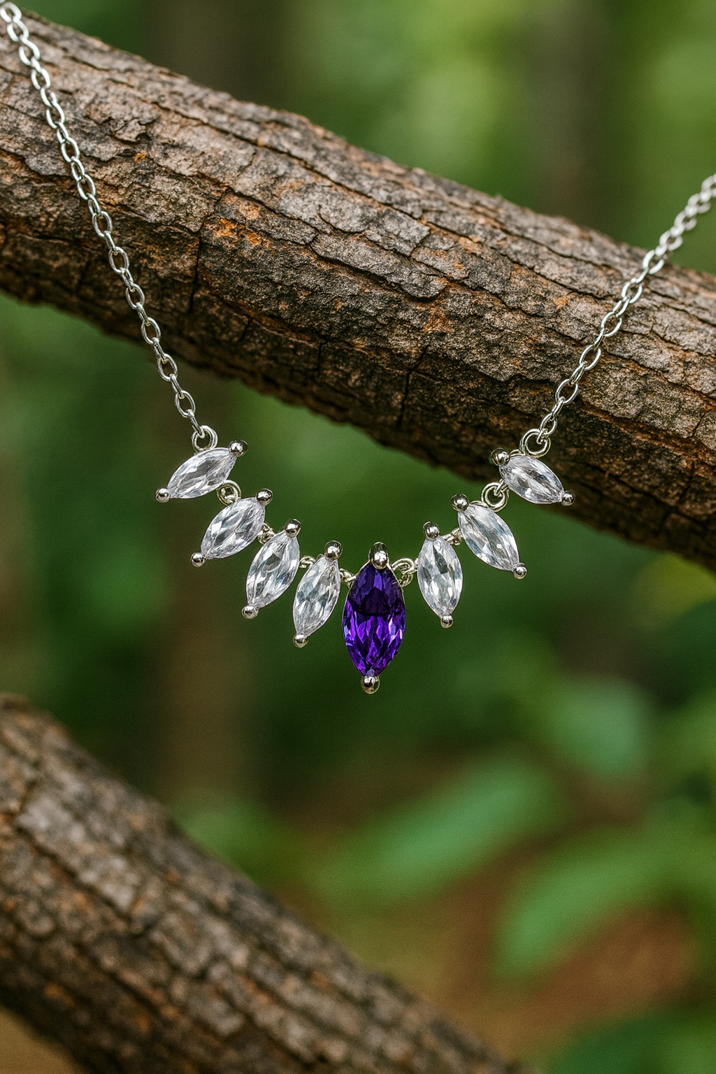 925 Sterling Silver Necklace with Purple Zircon & Crystal Accents
