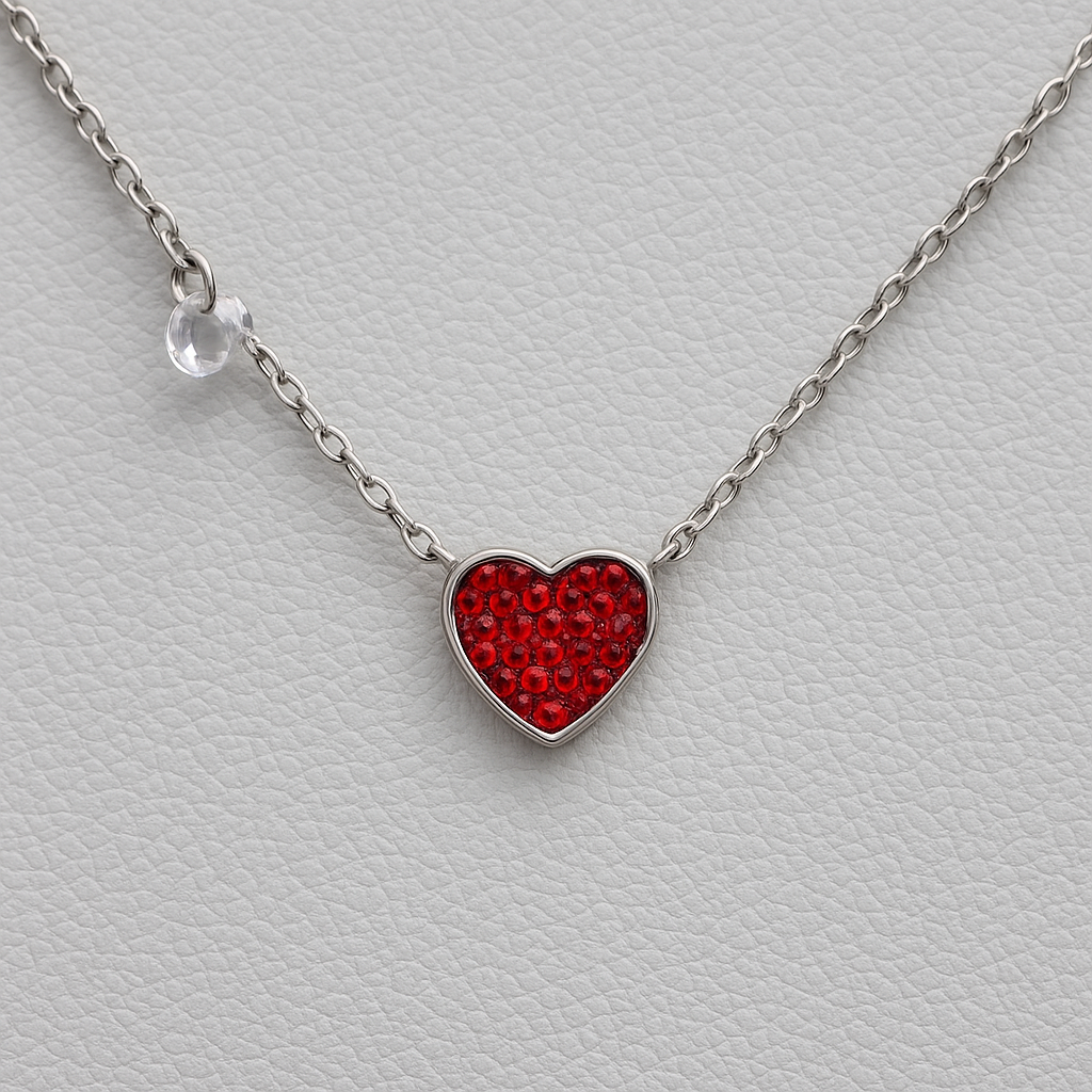 Stainless Steel Heart Necklace with Red Zircon Stones