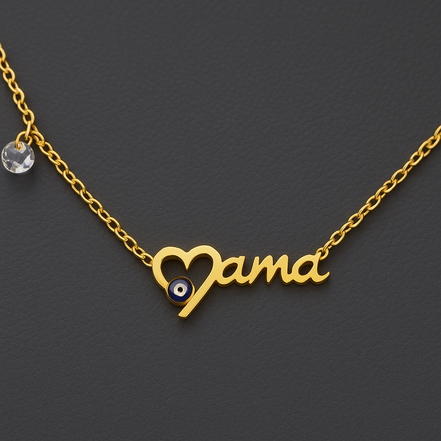 Gold Stainless Steel “Mama” Necklace with Evil Eye Charm
