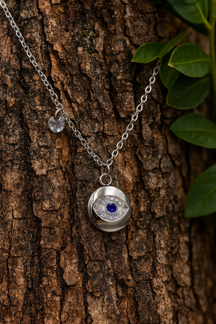 Stainless Steel Round Evil Eye Necklace with Zircon Stones