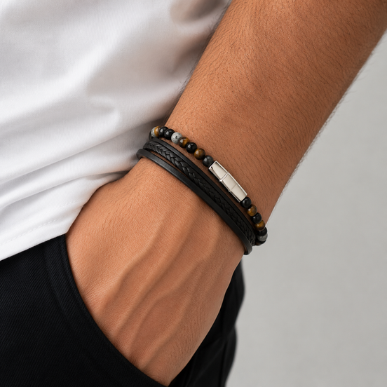 Men's Multi-Layer Leather & Natural Stone Bracelet
